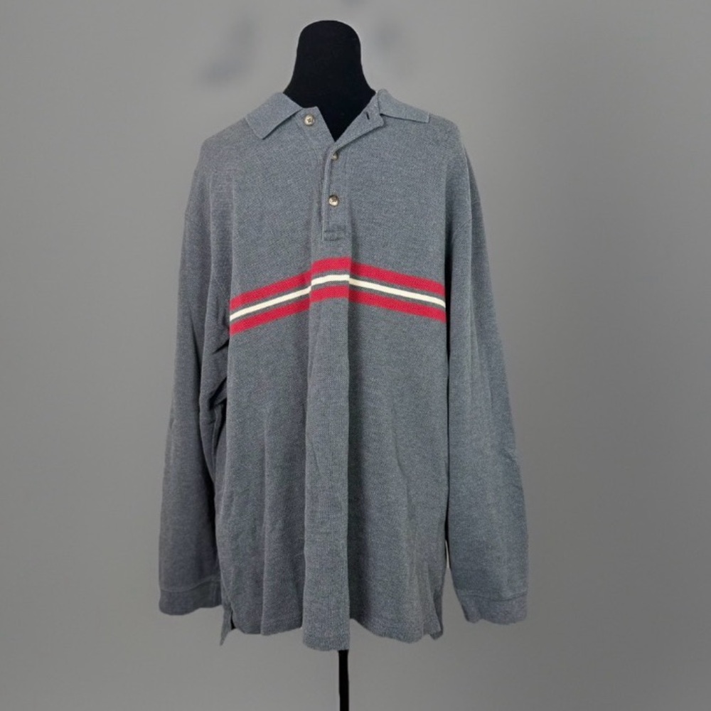 Eddie Bauer Men’s Long Sleeve Polo Shirt Gray Red Stripe XL